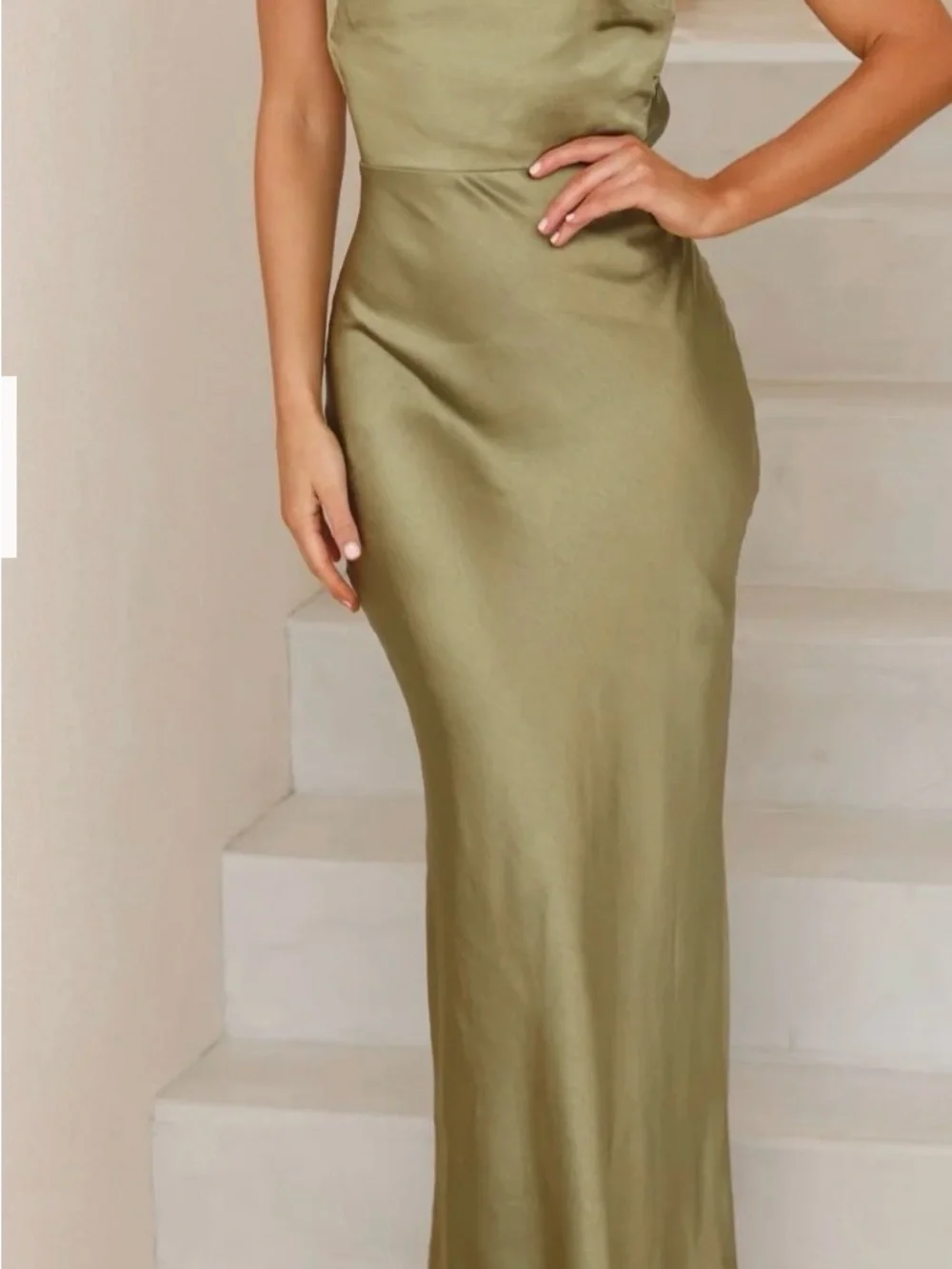 Sleek Olive Green Satin Maxi Dress - Picture 3 of 4